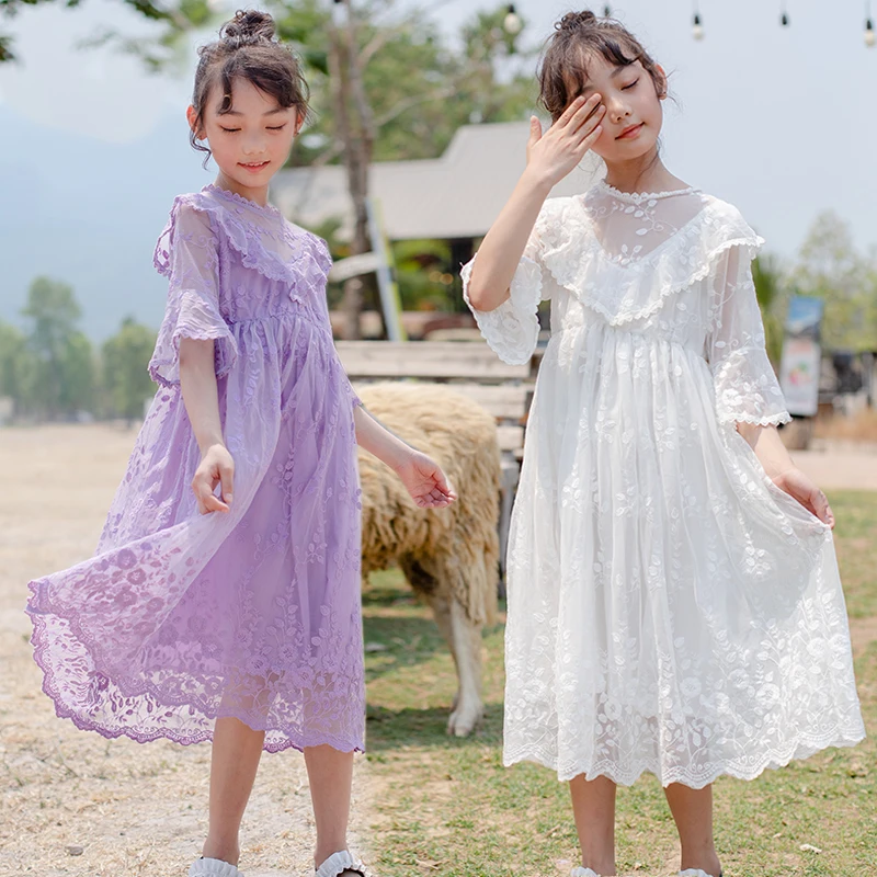 Корейское платье для девочек; вечерние платья принцессы на свадьбу; кружевное длинное платье с вышивкой; элегантные белые и фиолетовые платья макси для девочек-подростков