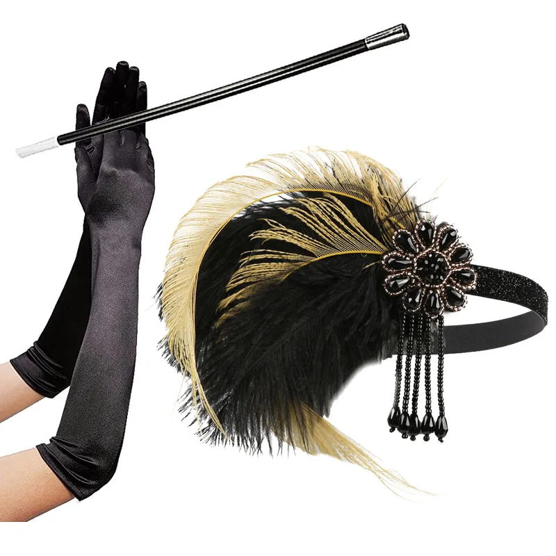 1920s Flapper Accessories Feather Headband Gloves Cigarette Holder 3 Pack Great Gatsby Party Costume Accessories Set for Women plus size cosplay Cosplay Costumes