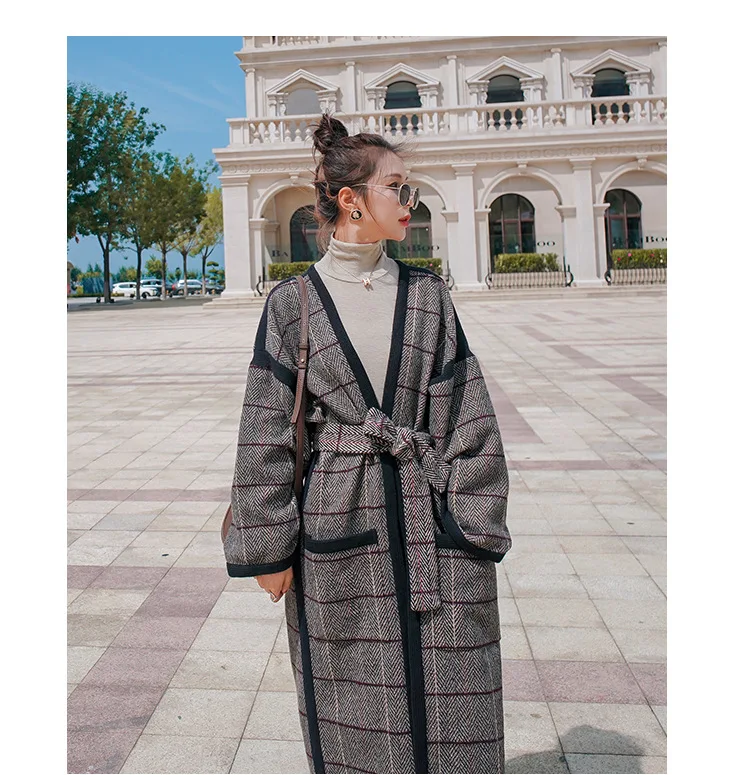 Women's Winter Plaid Woolen Jacket Long Thicken Quality Korean Style Loose Belted Casual Big Pocket Fashion Warm New Coat Female waterproof puffer coat