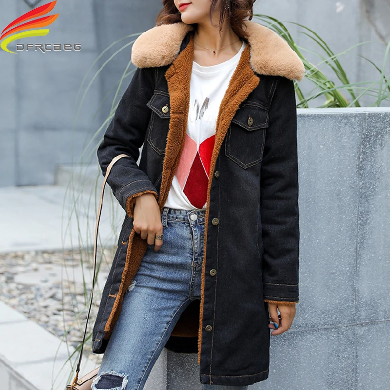 ##BUY Fur Collar Thicken Velvet Winter Coat Women 2019 New Jacket Woman Korean Style Women Black Long Denim Coats And Parkas