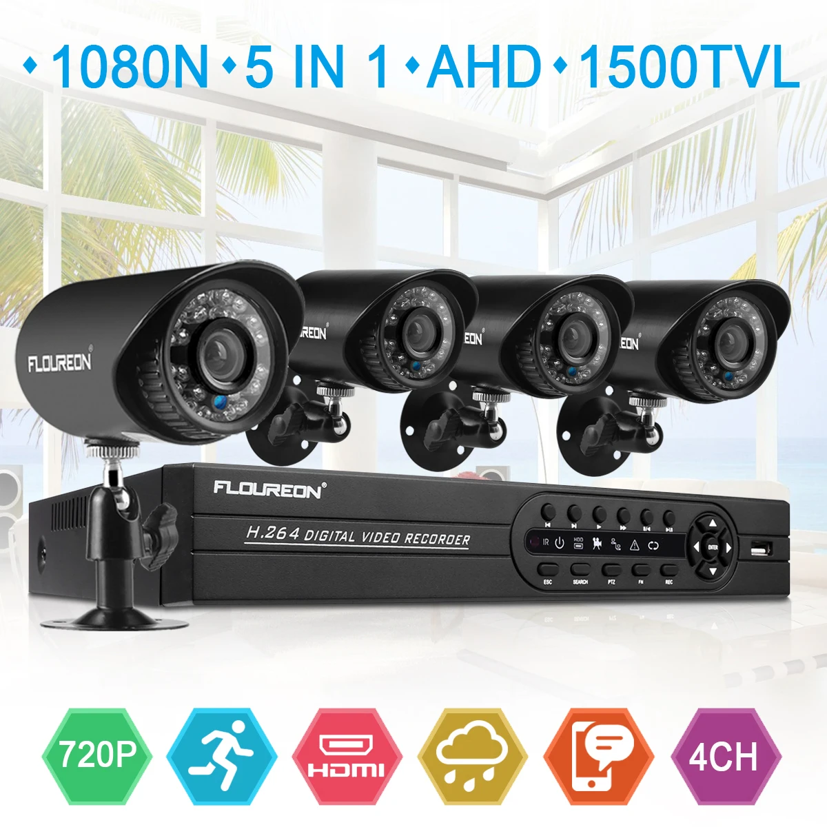 Floureon AHD 4CH CCTV 1080N HDMI DVR 1.0MP 1500TVL наружная защищенная от атмосферных воздействий