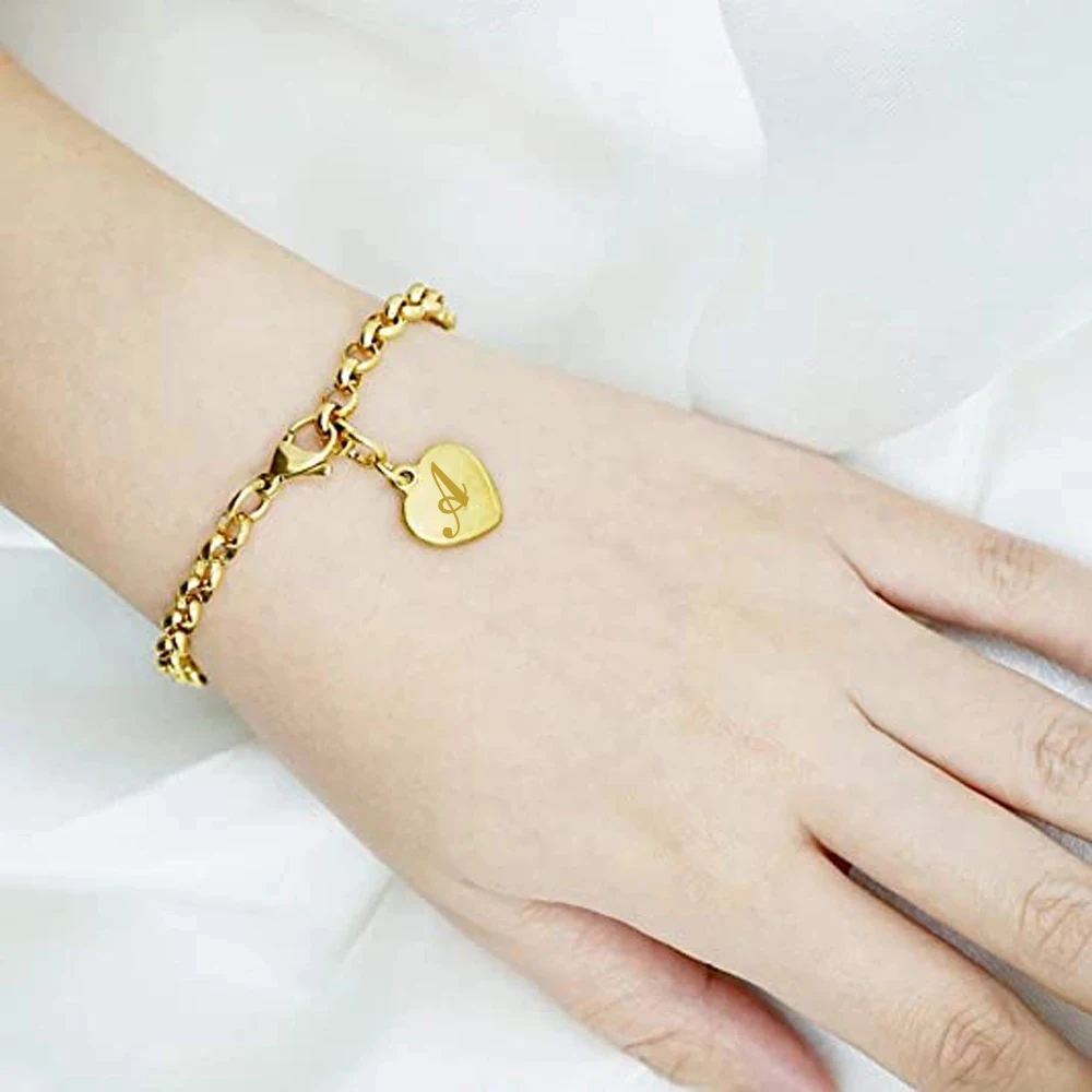 Bracciale Con Ciondolo Iniziale A Cuore Per Ragazze E Donne - 26 Lettere Alfabeto In Acciaio Inossidabile, Gioiello Personalizzato Regalo (M, Taglia Unica)