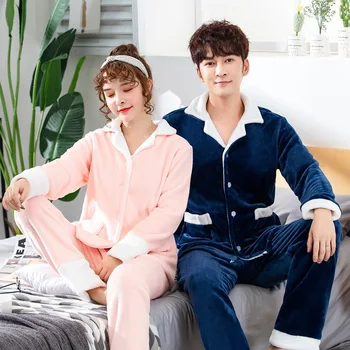 

Korea Sweet Thicken flannel couple pajamas sets women pure color winter keep warm long sleeve sleepwear men and women pyjamas
