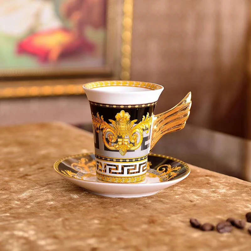 

Luxury Porcelain Coffee Cup Set European Tableware Service Dish and Saucer Black Gold Tea Bone China Type Feature