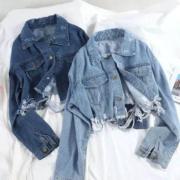 

Spring autumn women's ripped hole casual loose denim jacket female vintage high waist plus size short Jean jacket