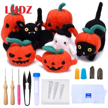 

LMDZ Halloween Needle Felting Kit for Beginners Needle Felting Starter Kit with 7 Pcs Photo Instructions Make Pumpkin Black Cat