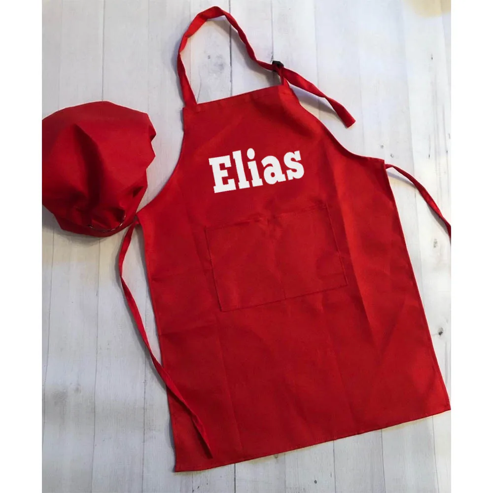 Kids Apron with Name Personalized Kindergarten Baking Apron Chef Hat Set Black Red Color Child Kitchen Birthday Gifts