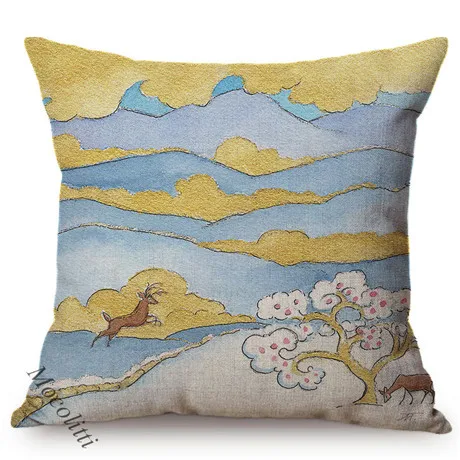 Impressionism Oil Painting Golden Riverside Forest Scenery Pattern Sofa Throw Pillows Sika Deer Rabbit Decorative Cushion Cover M189-4