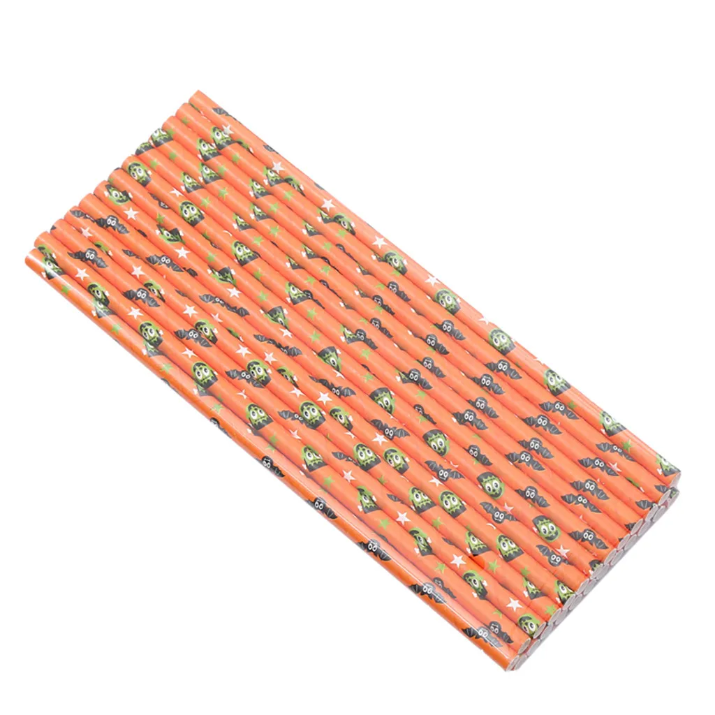 Halloween Black and Orange Paper Straws Home Party Halloween Props Decoration Pumpkin Bat Skeleton Pattern Disposable Straw - Цвет: B