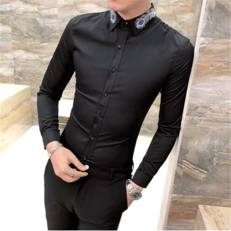 Весенняя Корейская мужская рубашка с длинными рукавами Camisa Masculina, однотонная модная мужская рубашка с вышитыми перьями, Camisa Homem, черный цвет