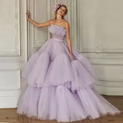 Lavender Elegant Evening Dresses Strapless Tulle Tiered A-line Ruffle Princess Prom Dresses 2021 Party Custom Vestidos De Fiesta