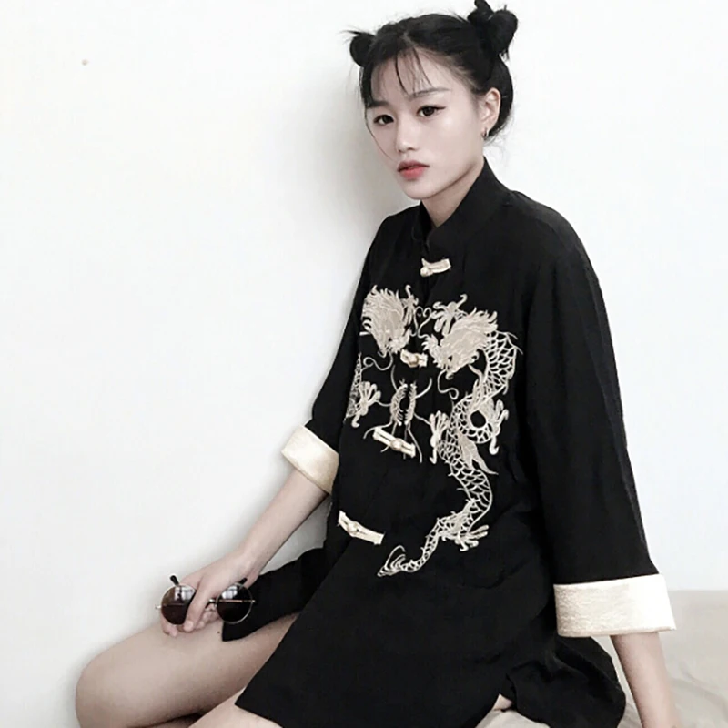 Tangsuit китайский стиль рубашка Дракон традиционная китайская одежда для женщин винтажные вечерние модные куртки ушу ханьфу вышивка - Цвет: Black