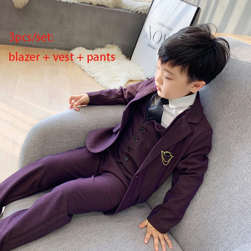 purple 3pcs Детские торжественные костюмы с платьем, комплект с цветочным принтом для мальчиков, костюм для свадебной вечеринки, костюм для выступлений детский Блейзер, куртки, жилет, брюки, комплект одежды - Цвет: purple 3pcs