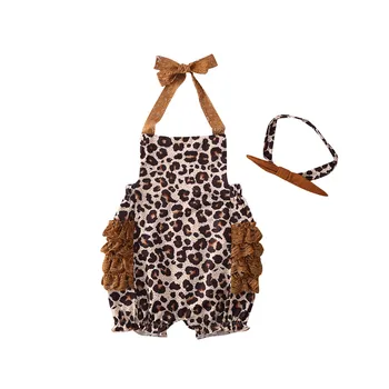 

Free shipping Newborn Baby Girls clothes off shoulder strap lace Ruffle Sleeveless Romper Leopard print Headband 2pc kids Outfit