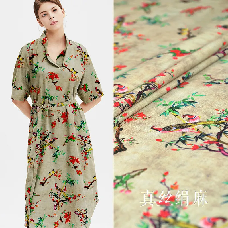 

Natural silk ramie fabric high quality silk linen blend fabric linen material retro printed fashion fabric boutique cloth