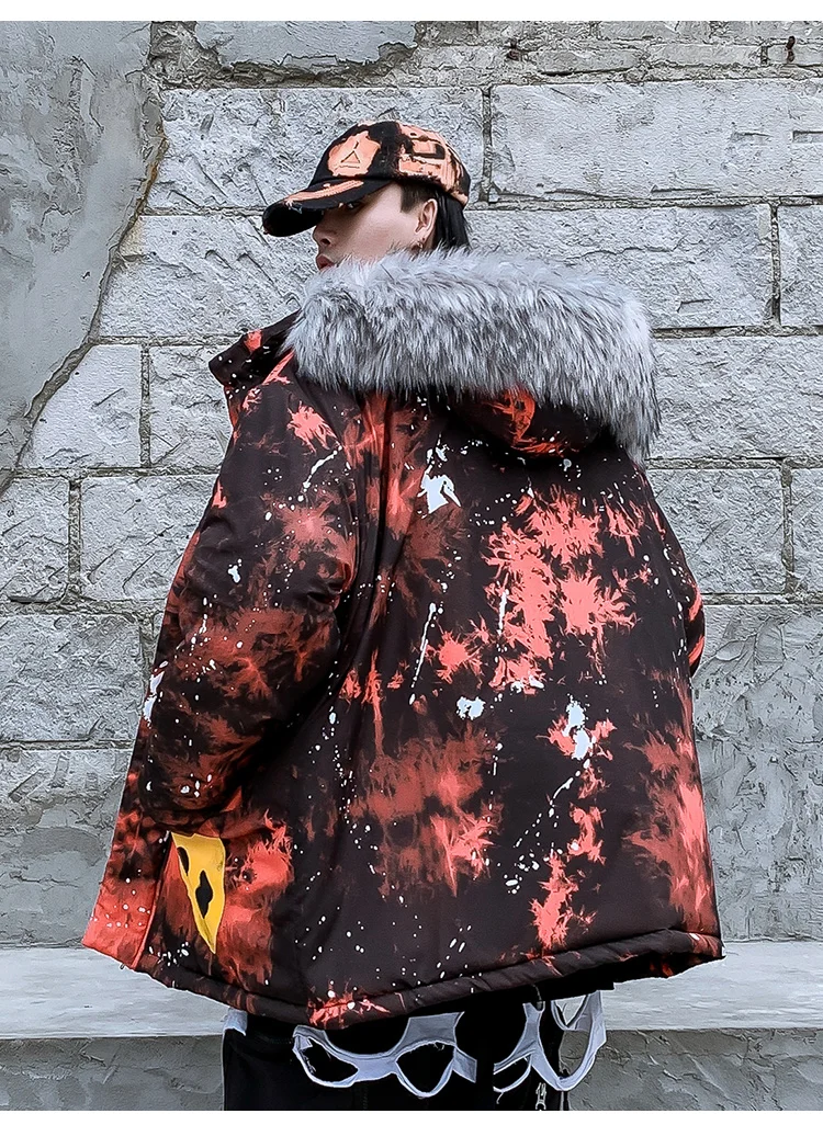 Aolamegs зимняя куртка мужская куртка с принтом граффити Толстая Теплая стеганая Съемная куртка с меховым воротником пальто с капюшоном в стиле хип-хоп Расширенная уличная одежда