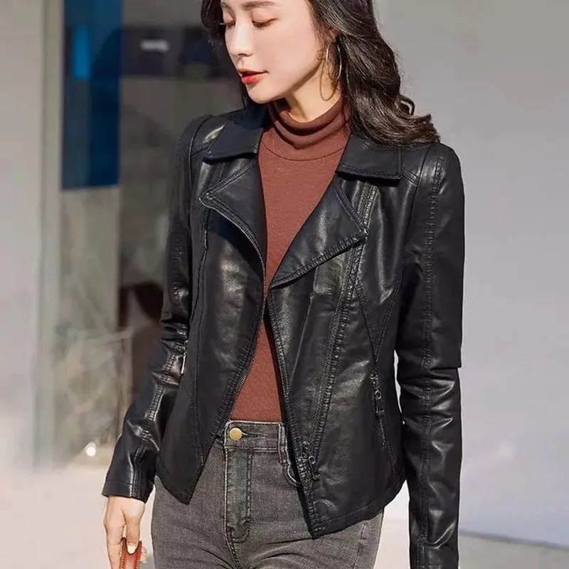 

2022 Spring Autumn Motorcycle 5XL Coats Women Leather Jackets Turn-Down Collar Zipper Black Moto Biker Jacket Female Coat