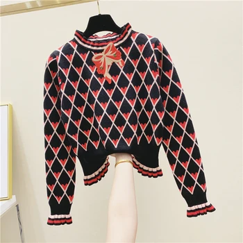 

2020 Spring Korean Style Short Sweater Women Embroidered Bow Frilled Collar Long-Sleeve Knit Sweater Coat Women's Pullovers