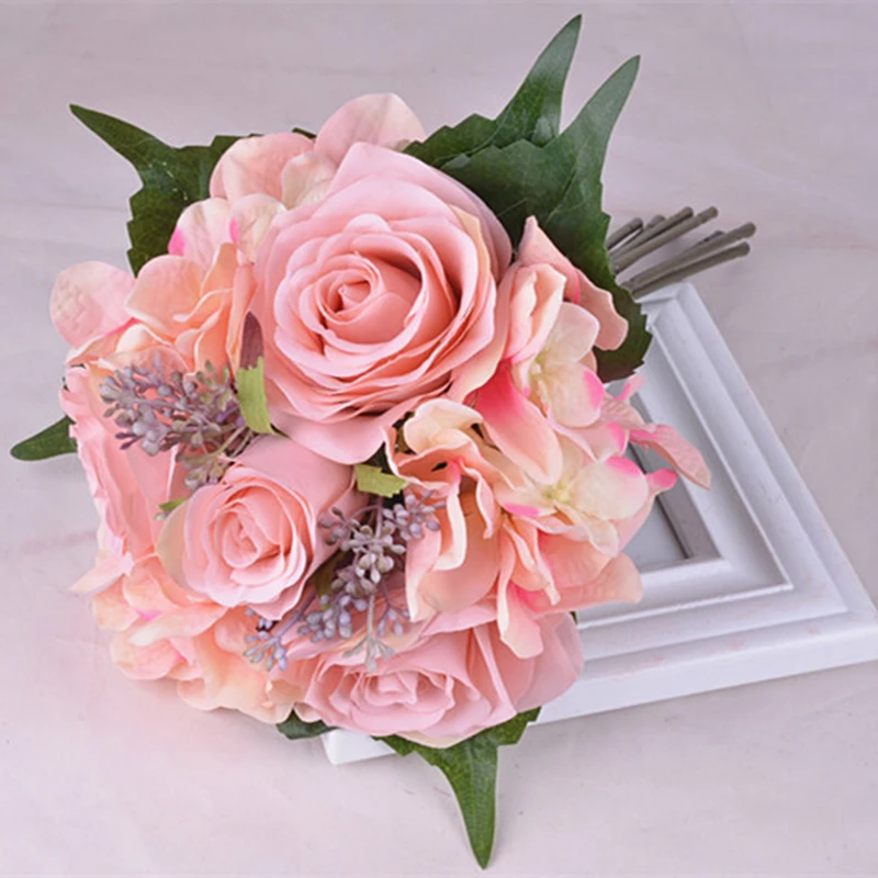 New Artificial Rose Flower Bouquet Floral Desktop Bridal Hydrangea Wedding Decor