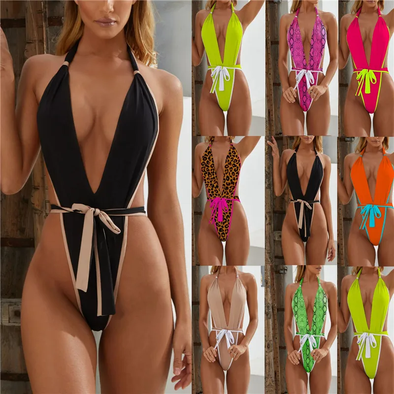 

8 Color Women Snakeskin Leopard Monokini 2020 Deep V Strappy Halter One Piece Bikini with Belt Swimsuit Swimwear Plavky Tankini