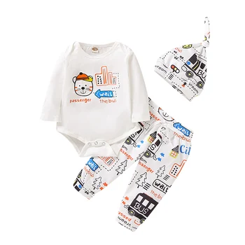 

Autumn Baby Boy Girl Clothes Long Sleeve Cartoon Print Romper Tops Trousers Hat Outfits Baby Clothes