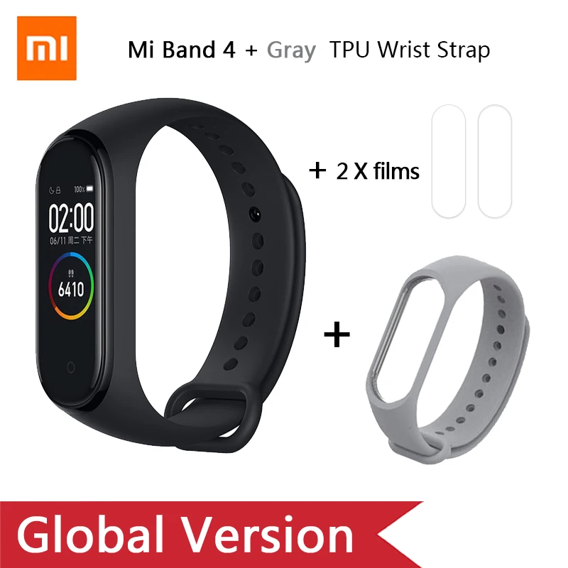 Глобальная версия, Xiaomi mi-браслет 4 mi Band 4, музыкальный цветной экран, фитнес-частота сердечных сокращений, Bluetooth 5,0, умные часы, Russina - Цвет: Add Grey  strap