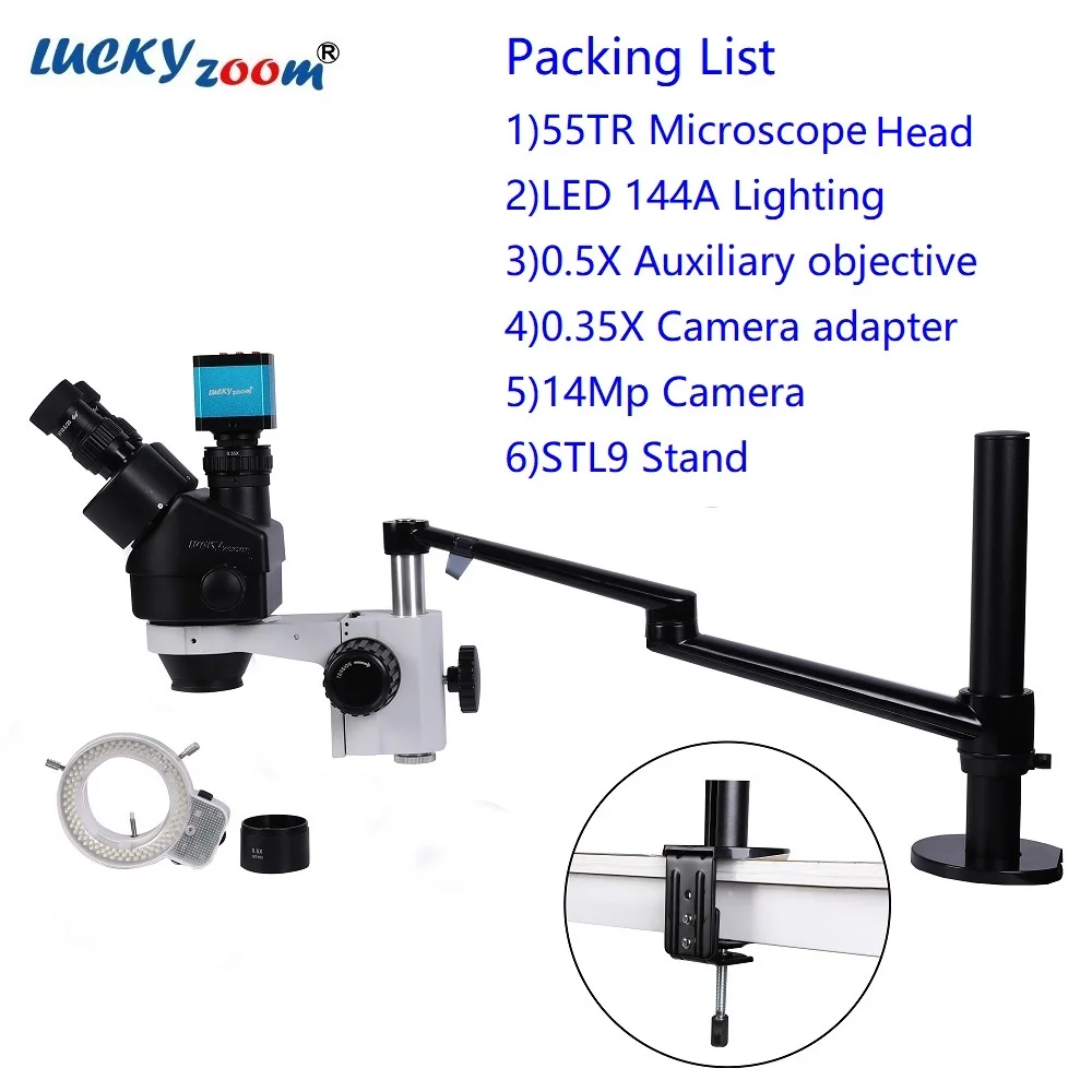 Lucky Zoom Brand New Professional 3.5X-45X Simul Focal Trinocular Microscope BlackTable Clamp Stand Support 76MM Microscope Head Holder Metal Microscopio Set