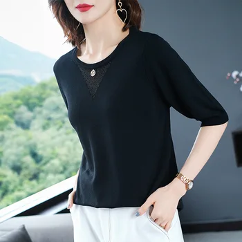 

Women's round neck solid color five-point sleeve knitted T-shirt gray
