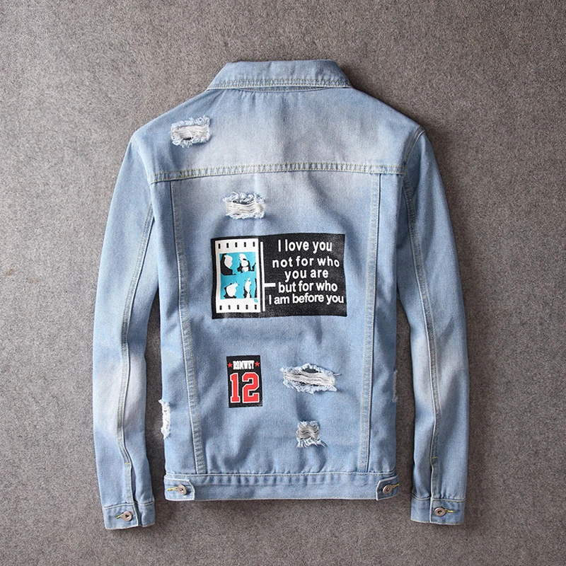 

European American Fashion Men Jackets Destroyed Denim Coats Ripped Jackets Men Streetwear Printed Designer Hip Hop Jacket Hombre
