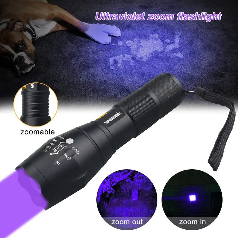 Description Picture 3 of item395nm UV Flashlight Zoomable Violet Ultraviolet Scorpion Invisible Light LED Torch for Pets Stain Hunting Marker Use 18650