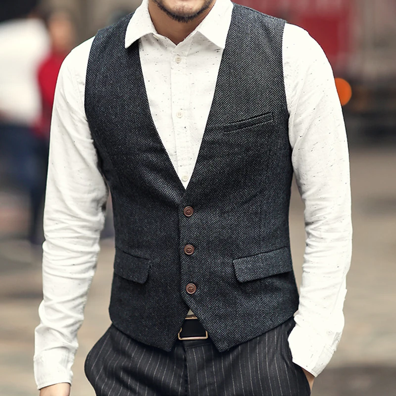 Mens Casual Tweed Suit Vest Three Button Waistcoats Vintage Formal Blazers Men Gentleman Slim Fit Dress | Мужская одежда