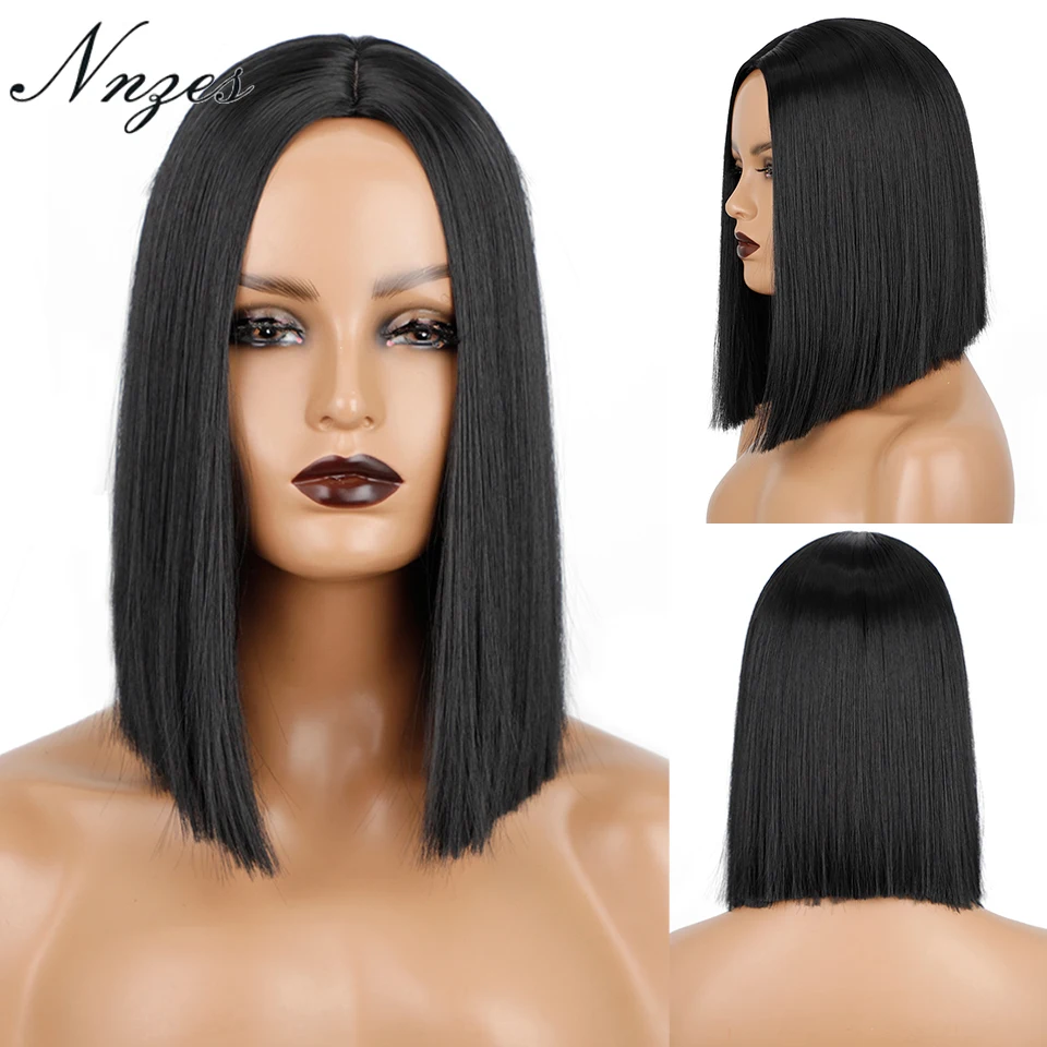 Special Offers Black Wig Short Straight-Bob-Wig Middle-Part NNZES Natural Heat-Resistant-Fiber 14inches oo3KMR3EaqM