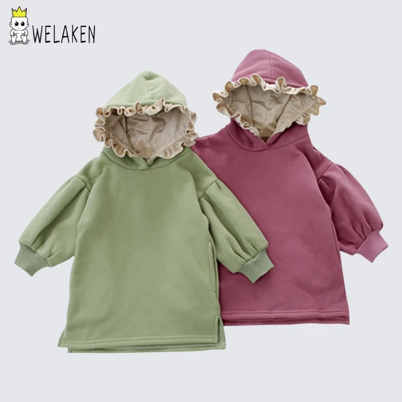 

Welaken Puff Sleeve Lace Hooded Solid Girls Winter Outfit Long Sleeve Baby Girl Dress Baby Girl Clothes Kids Dresses For Girls