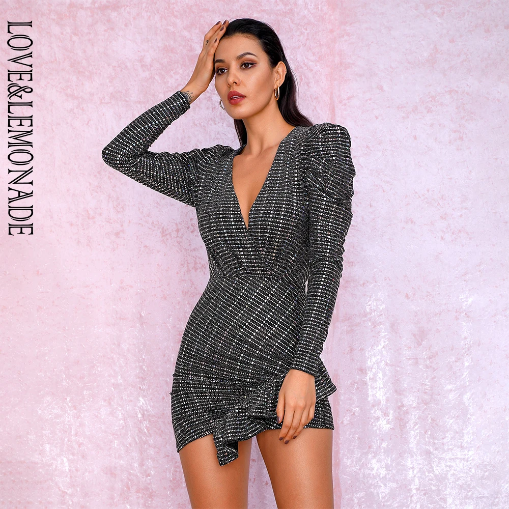 Prezzo AMORE LEMONADE Sexy Profondo Scollo A V Della Bolla A Maniche Lunghe Increspato Slim Sottile Paillettes Elasticità Del Partito Del Mini Vestito LM82010