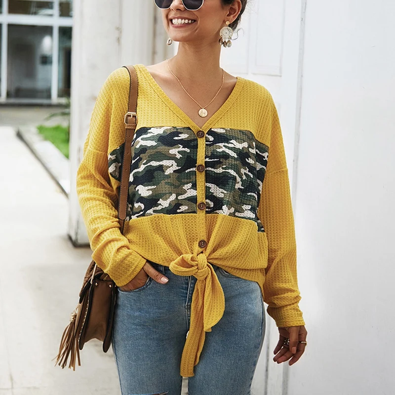 

Autumn new large size women's 4XL 5XL 6XL 7XL 8XL tops deep V-neck long-sleeved cardigan camouflage bust 132CM