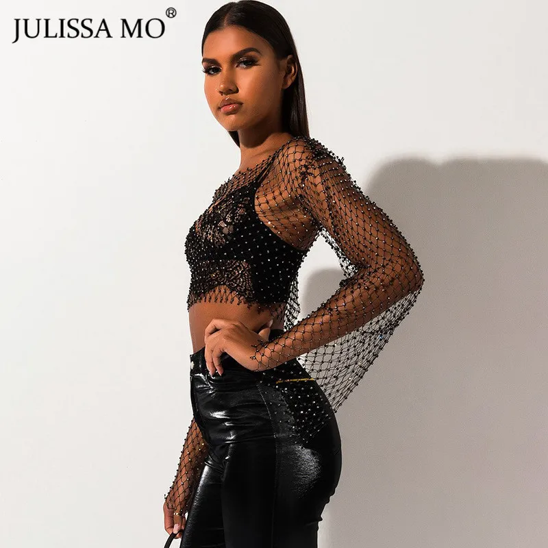Julissa mo, черные бриллианты, сетчатая укороченная футболка, женская сексуальная открытая футболка с длинным рукавом, осенняя мода, прозрачные вечерние рубашки