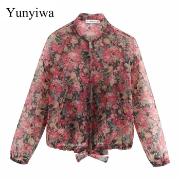

2020 Women Vintage Flower Print Transparent Organza Loose Jacket Ladies Casual Flight Jacket Stand Collar Outwear Coat