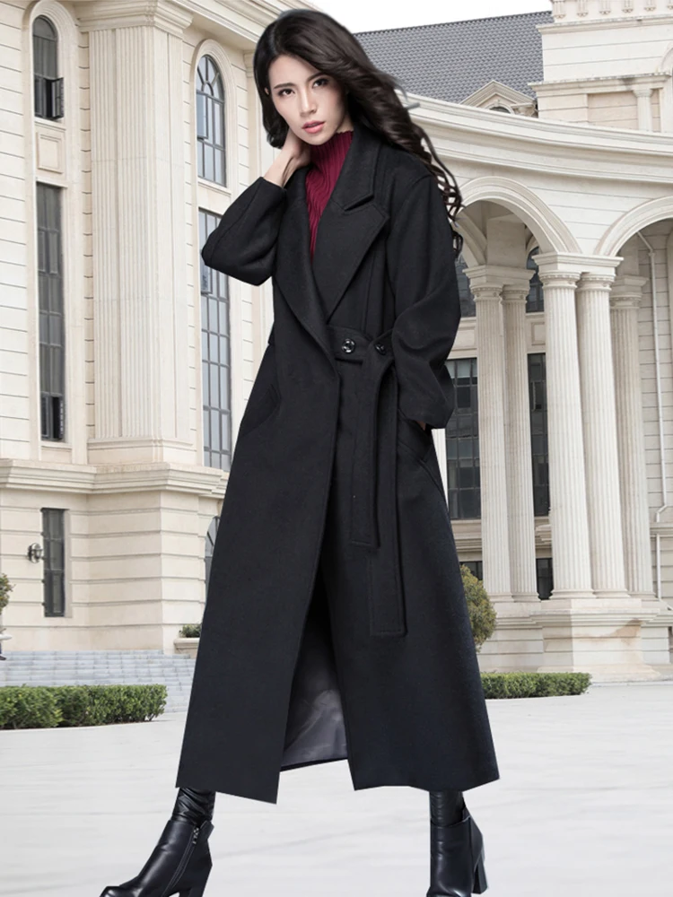 Толстое теплое женское кашемировое пальто, модная Длинная Верхняя одежда с поясом и пуговицами, куртки, свободное Женское зимнее пальто, однотонное Женское пальто G417