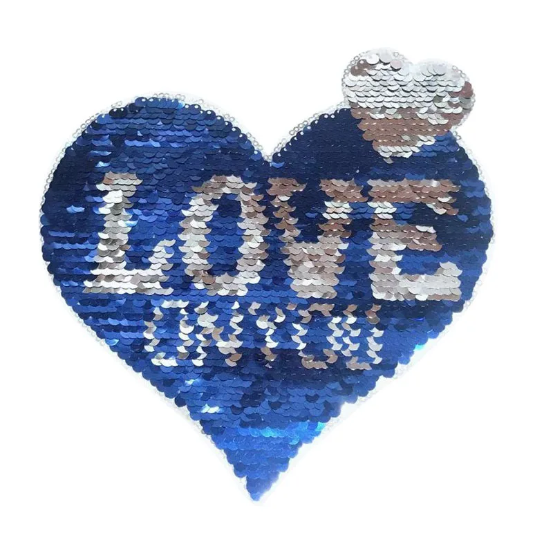 blue love Heart Flip patches Reversible Change color Sequins Sew On Patch It can be used in Jeans and T-shirt DIY jacket