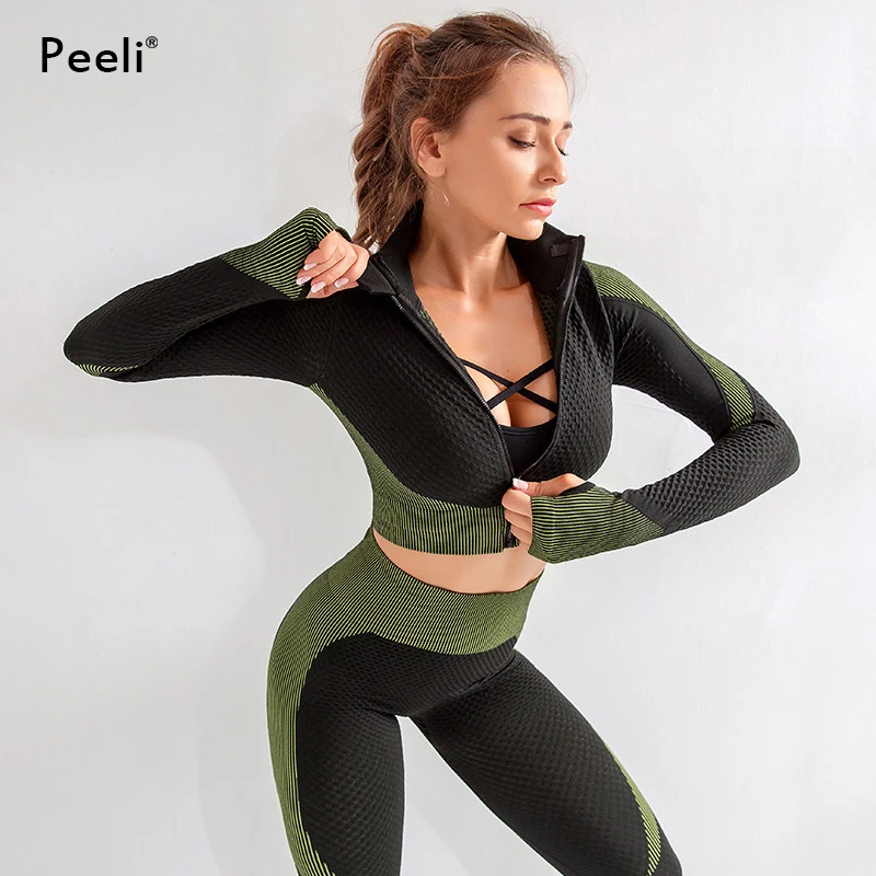 Peeli спортивный укороченный топ, комплект для йоги, бесшовные леггинсы, одежда для тренировок, женский спортивный костюм с длинным рукавом, комплект для фитнеса, спортивное пальто, спортивная одежда