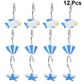

12pcs Curtain Hook Hanging Hooks Sea Star Shell Fish Marine Series Resin For Home Room Blue Organizer Rack Storage