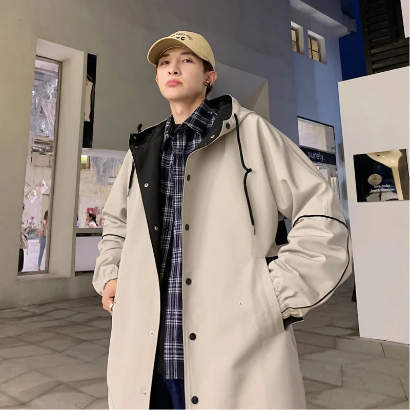 

Windbreaker Men Fashion Contrast Color Casual Hooded Long Coat Men Streetwear Wild Loose Jacket Mens Overcoat Large Size M-5XL