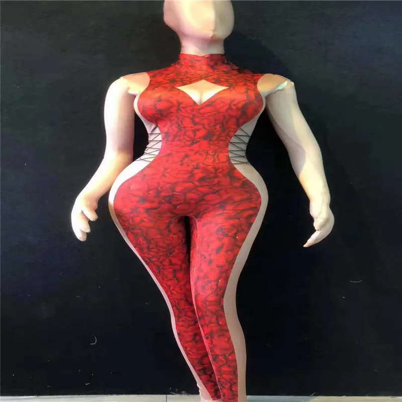 W72 Женская сценическая одежда костюм для вечеринки Красный цветок 3d принт