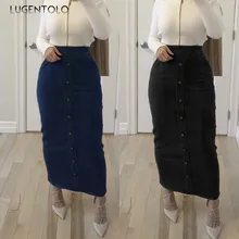 Lugentolo, Женская юбка, модная, однотонная, высокая талия, на пуговицах, стрейч, джинсовая, с карманами, повседневная, черная, прямая, новинка, для девушек, уличная, длинная, юбки