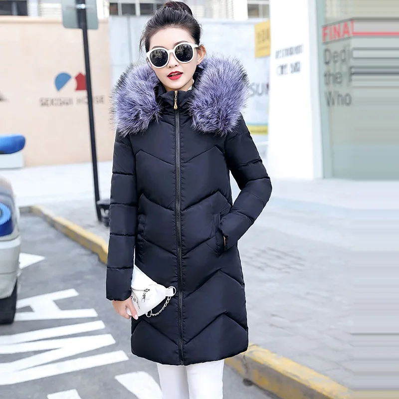 Новинка, модное женское элегантное пальто цвета хаки, зимний теплый пуховик, длинная парка с меховым воротником, женская тонкая верхняя одежда, Manteau Femme - Цвет: black 3