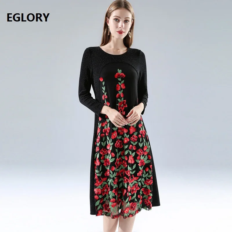 

Elegant 1950s Style Dress Plus Size 4XL Women O-Neck Red Floral Embroidery Long Sleeve Mid-Calf Length Vintage Dress Female
