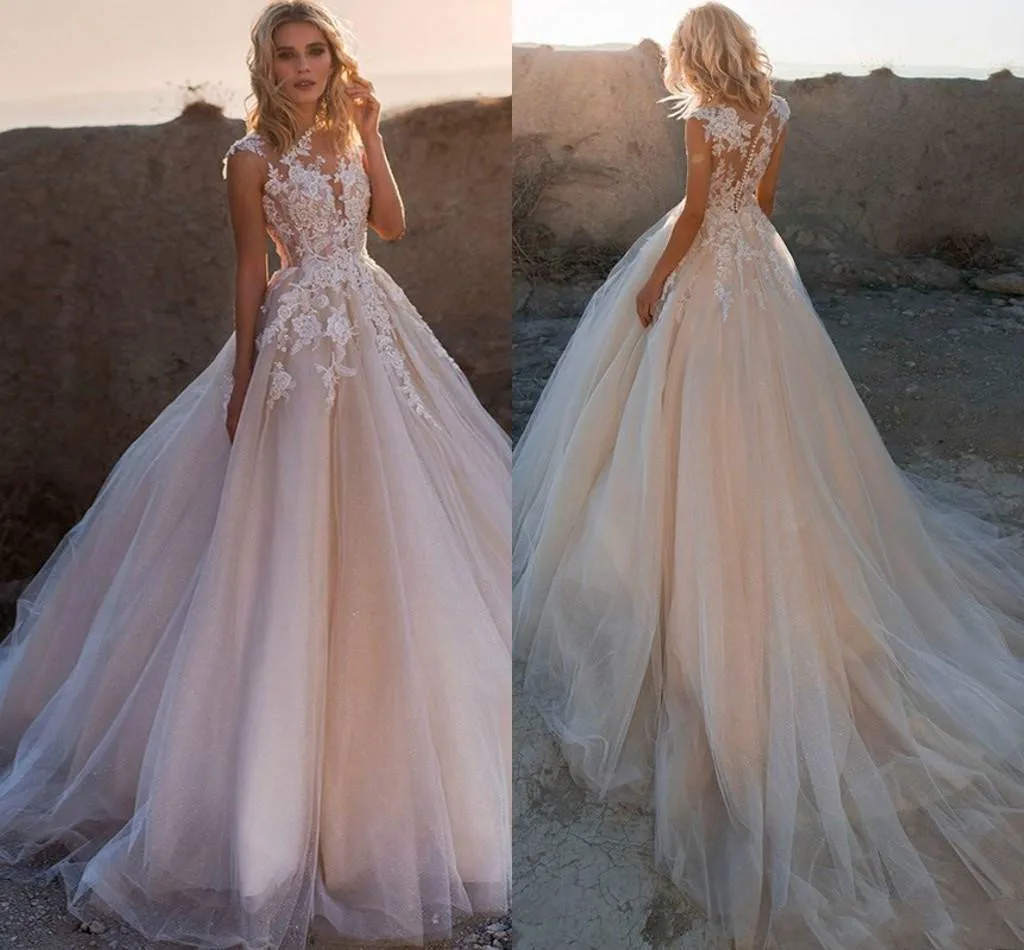 

Wedding Dresses Bohemian Blush Pink Cheap Plus Size A Line Cap Sleeve Lace Appliqued Wedding Dress Bridal Gowns Vestido De Novia