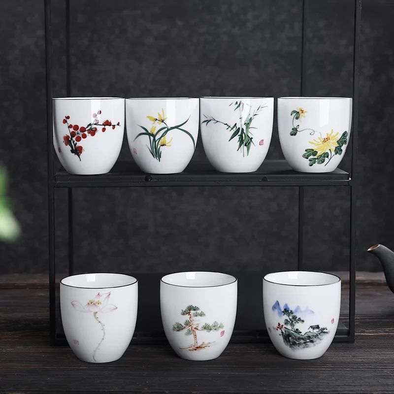 

Chinese Style White Ceramic Kungfu Tea Cup Porcelain Tea Bowl Teacup Lotus Printed Floral Handmade Teaware Home Drinkware Craft