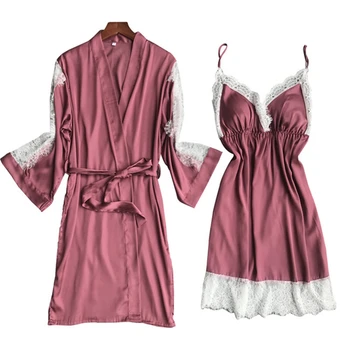 

Nightdress female sense lace strap nightdress nightgown ice silk two-piece suit toga thin section temptation party fashion robe