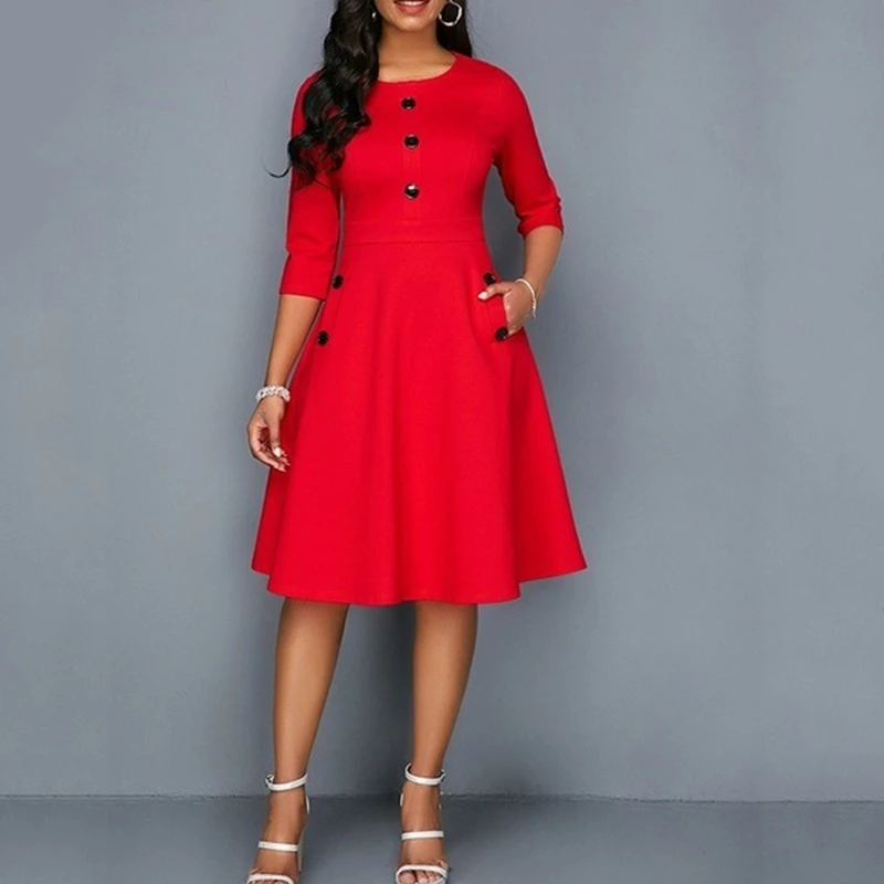 

2019 autumn winter O-neck ladies dress casual fashion solid color red seven-point sleeve women dresses Loose Women's clothing